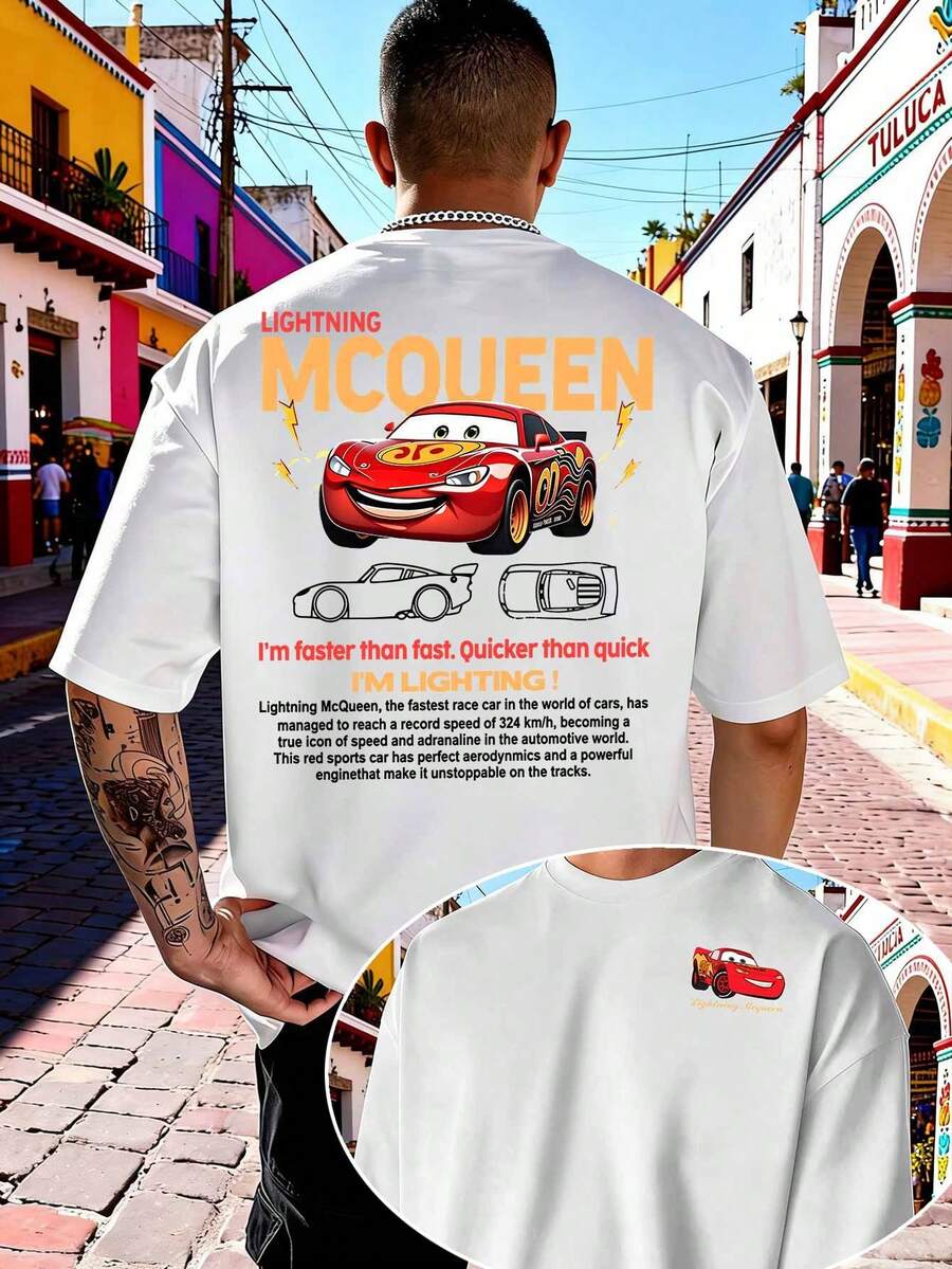 Disney Lightning McQueen Graphic T-Shirt From Cars, Casual Men's Sportswear, Pure Cotton Crew Neck Short-Sleeved Top, Comfortable, Soft And Versatile, Suitable For Men's Racing-Themed Street T-Shirt. - White - View 1