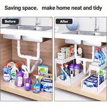 2 Tier Under Sink Storage Rack , Kitchen Cabinet Storage Rack, Double Sliding Cabinet Basket Storage Drawer, Multi-Functional Bathroom Collection Basket, Organizer, Shelf For Under Counter Kitchen Storage With 5 Hooks 2 Hanging Baskets Kitchen Decor Holiday Gift - R-type Storage Rack-white - View 2