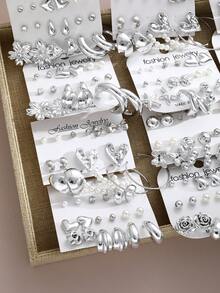 36/18件套几何不规则蝴蝶结、心形、仿珍珠耳钉和耳环套装，时尚耳环首饰，女士、情侣礼物，适合夏季、约会、派对、婚礼等场合。 - 銀色 - 查看 4