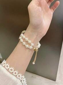 新款奢华简约珍珠表带，兼容 40mm/38mm/41mm表款，适用于Series 10/9/8/7/SE和Series 6/5/4。女士手工多层缠绕表带，兼容表带3/2/1替换装。 - 白金 - 查看 3