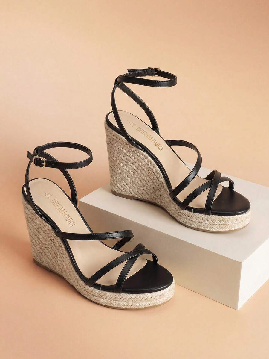 Women's Wedge Sandals Platform Open Toe Dressy Comfortable Strappy Espadrille Ankle Strap Buckle Summer Shoes - màu đen - Xem 1