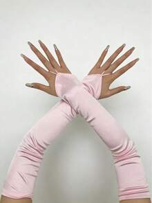 1 双女士粉色缎面弹力长款露指袖口，时尚独特，适合所有季节 - 粉紅色-0939 - 查看 1