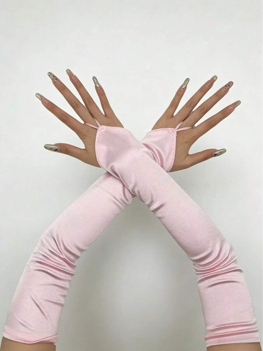 1 双女士粉色缎面弹力长款露指袖口，时尚独特，适合所有季节 - 粉紅色-0939 - 查看 1