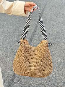 手工编织草编包，法式小众设计，ins风沙滩包，多功能通勤包，夏季单肩包 - 卡其色 - 查看 1