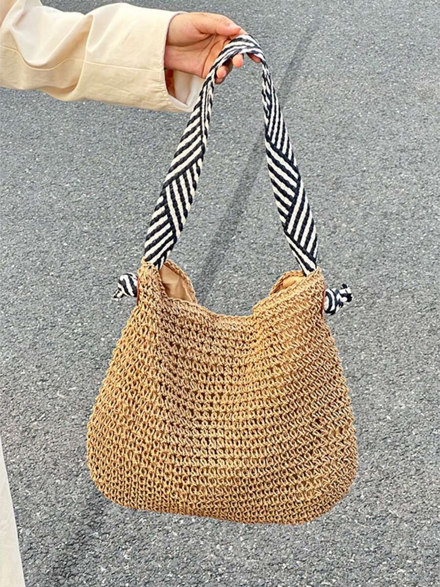 手工编织草编包，法式小众设计，ins风沙滩包，多功能通勤包，夏季单肩包 - 卡其色 - 查看 1