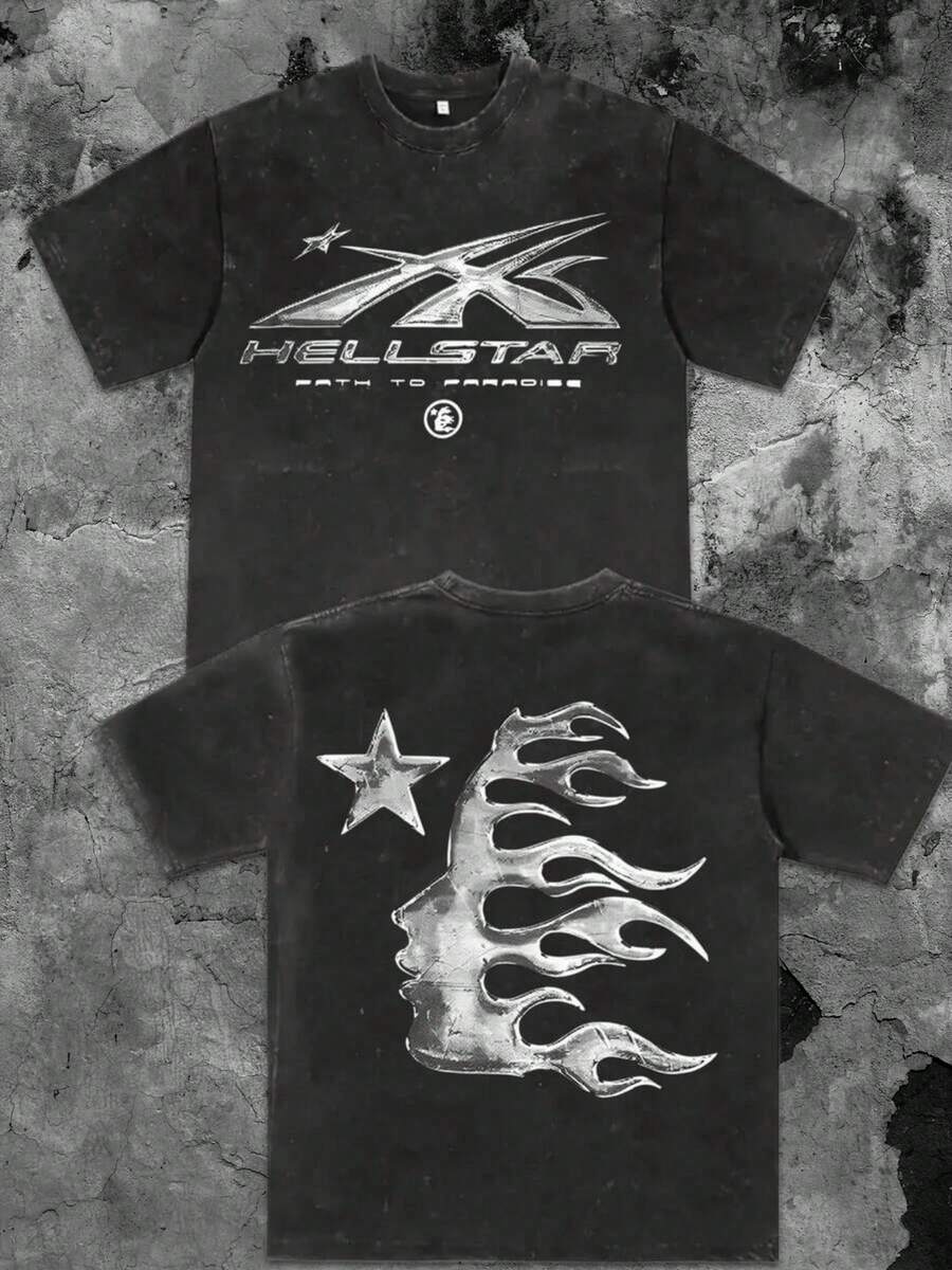 Men's Printed Pattern Washed T-Shirt - Casual Loose Summer T-Shirt With Star And Flame Design, Adult Brown 100% Pure Cotton Round Neck Shirt, Breathable T-Shirt | Avant-Garde Casual Wear | 100% Pure Cotton Printed T-Shirt - 黑色 - 查看 1