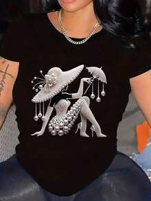 T-shirt de manga curta com estampa de pérolas elegantes - Preto - Visão 1