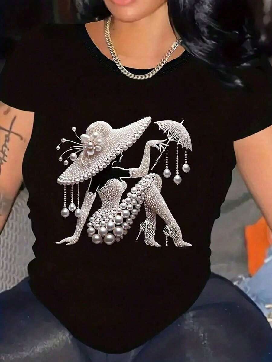 T-shirt de manga curta com estampa de pérolas elegantes - Preto - Visão 1