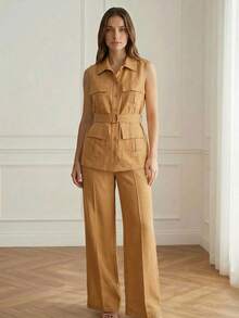 ADD MODA REF Y578 TAILORED SUIT WITH TROUSERS AND UTILITY VEST WITH POCKETS AND WAIST BELT - 棕色 - 查看 1