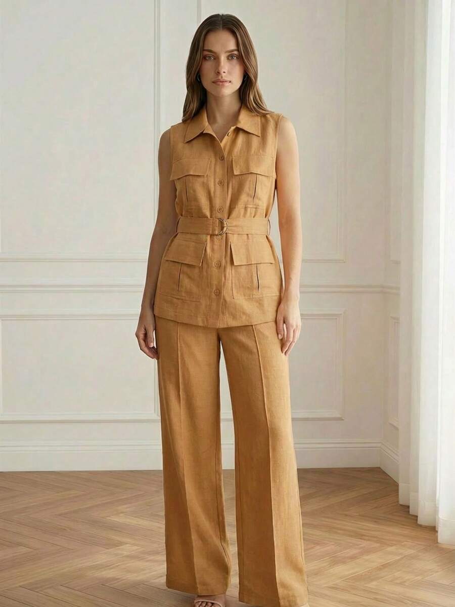 ADD MODA REF Y578 TAILORED SUIT WITH TROUSERS AND UTILITY VEST WITH POCKETS AND WAIST BELT - 棕色 - 查看 1