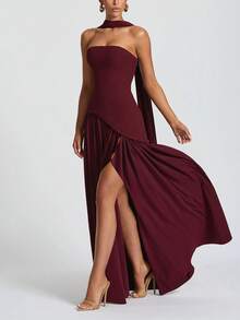 Vestido de fiesta elegante y sexy sin tirantes con abertura alta y fluido - Burdeos - Ver 5