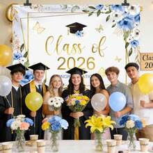 1pc Class Of 2026 Congratulations Banner Backdrop Floral Congrats Grad Photography Background Pastel Butterfly Graduation Party Decor Gold Confetti Prom 2026 Party Banner Photo Booth Props - Kiểu 3 - Xem 5
