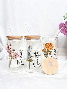 1pc Personalized Birth Flower Glass Cup, Customized Bridesmaid Wedding Gift, Mother's Day Valentine's Day Present, Outdoor Picnic Cup - Multicolor - View 9