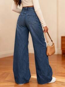 Vaqueros anchos rotos para mujer, con bolsillos, efecto desgastado, talla grande, sin elasticidad, vaqueros rectos de tiro alto, estilo retro moderno, ideales para uso diario, cómodos e informales, ideales para cualquier temporada - Azul - Ver 2