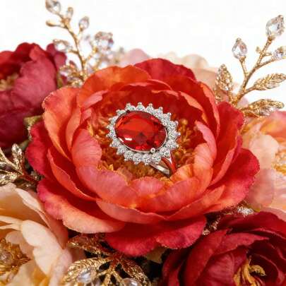 1pc Cultivated Ruby Exaggerated Fashion Burgundy Gemstone Ring, Suitable For Wedding, Party, Date, Bride