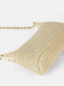 New Arrival Fashionable Bohemian Style Woven Rattan Bag With Chain Strap, Shoulder Bag, Suitable For Daily Casual, Vacation, Shopping And Outfit Matching, Tready Crescent Moon Bag For Women , Bohemian Outfit For Women, Boho - 卡其色 - 查看 5