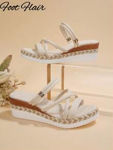 Foot Flair Plus Size Women's Woven Strap Open Toe Rope Sole Wedge Platform Sandals Beach Vacation Style Spring Summer Fashion Versatile Comfortable Roman Sandals - Beige - View 5