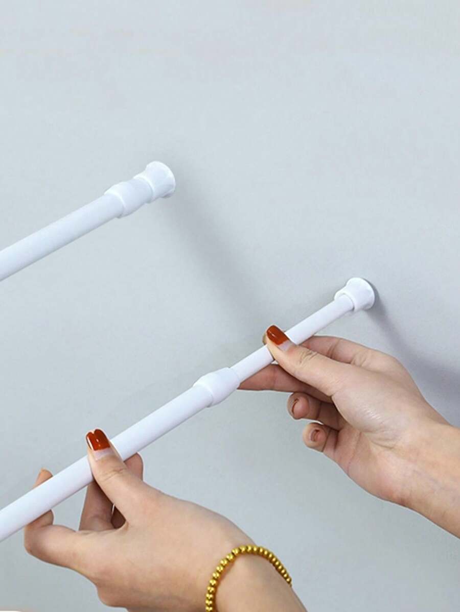 1pc/2pcs No-Drill Extendable Curtain Rod, Stainless Steel Retractable Tension Rod, Closet Organizer - White - View 1