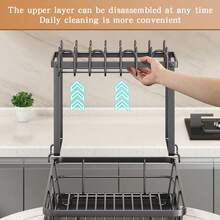 Kusuxva This Double-Layered, Large Metal And Carbon Steel Cutlery Rack Is Perfect For Kitchen Countertops. It's Space-Saving And Durable, Featuring Knife, Fork, And Cup Holders, As Well As A Drainer. The Rust-Resistant Design Makes Your Kitchen More Organized And Uncluttered. - 灰色 - 查看 5