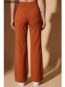Pantalón de vestir mujer cintura alta pierna ancha stretch crepé casual elegante para oficina reuniones eventos bolsillos pretina elasticada botón forrado antiarrugas sin transparencia suave - Marrón Mocha - Ver 8