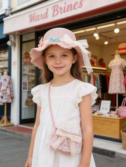 2pcs/Set New Kids Straw Hat And Woven Crossbody Bag, Korean Style Cute Sun Hat For Girls, Fashionable Sunhat With Floral Decor - Sweet Bowknot Style, French Style - Girly Flower Decorated Sun Hat