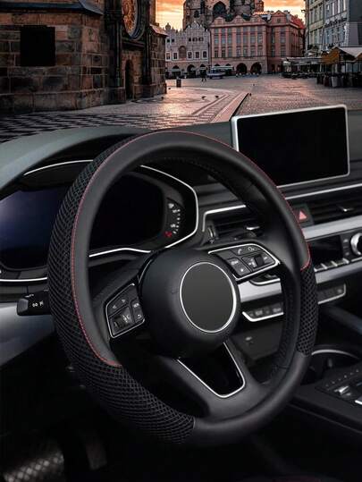 Genuine Leather & Mesh Steering Wheel Cover - All-Season Breathable Patchwork Design, Anti-Slip Rubber Lining, Universal Suede Steering Wheel Cover, Steering Wheel Accessories