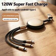 120W 3-In-1 Retractable Data Cable, Aluminum Alloy Shell, , Fast Charging Cable With USB/Type-C Ports, High-Efficiency Data Transfer, Compatible With IPhone 17/16/15/14/13/12/11/Xs/Xr/8/7/6, S25 Ultra/S25/S24/S23/S22/S21, - Multicolor - View 2