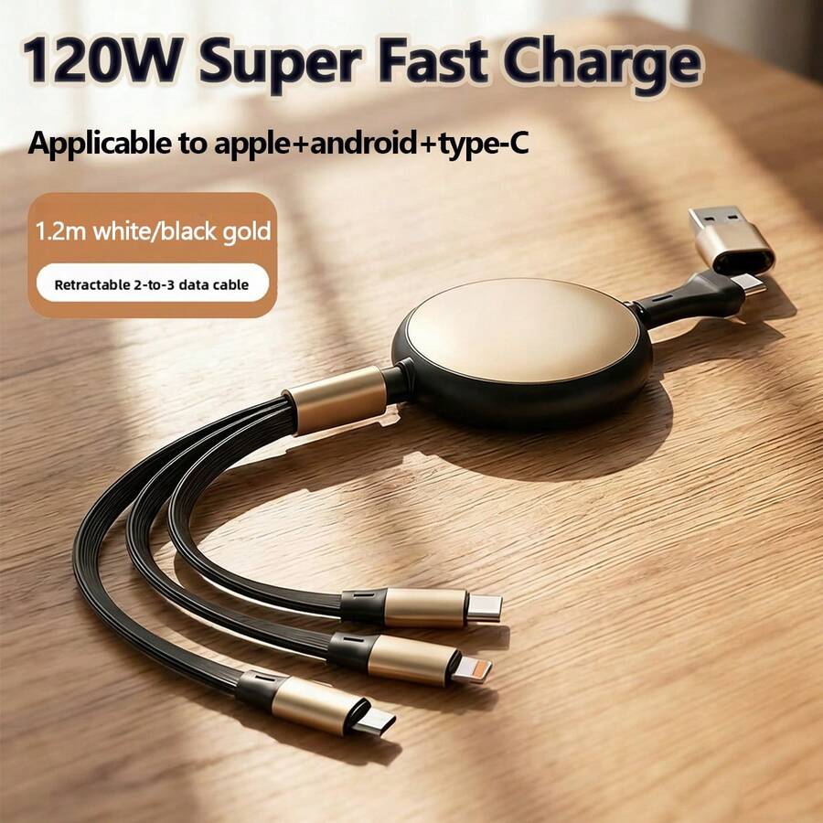 120W 3-In-1 Retractable Data Cable, Aluminum Alloy Shell, , Fast Charging Cable With USB/Type-C Ports, High-Efficiency Data Transfer, Compatible With IPhone 17/16/15/14/13/12/11/Xs/Xr/8/7/6, S25 Ultra/S25/S24/S23/S22/S21,
