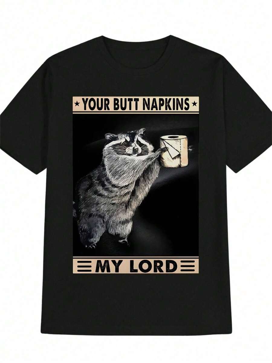 Camiseta gráfica de mapache con diseño divertido para hombre - "Tus servilletas de trasero, mi señor", diseño gracioso, camiseta de verano negra de cuello redondo informal, lavable a máquina, corte regular para hombre, idea de regalo novedosa y divertida, camiseta de mapache, tela de textura suave. - Negro - Ver 1