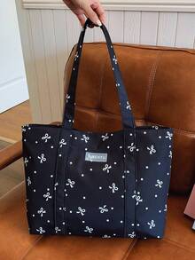 1 pièce Sac fourre-tout décontracté et mignon pour femmes avec décoration de nœud, sac à main léger avec fermeture magnétique et décoration d'étiquette, convient pour les femmes/filles/étudiantes, pour un usage quotidien, les vacances, les voyages, l'école - Noir - Voir 10