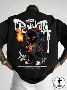 Camiseta Gráfica para Hombre con Diseño de Llama Demoníaca y Antorcha - Estilo Y2K Streetwear de Verano, Manga Corta con Estampado de Diablo, Cuello Redondo Casual para Fiestas, Salidas Nocturnas y Atuendos Informales - Corte Regular, No es Camisa - Negro - Ver 1