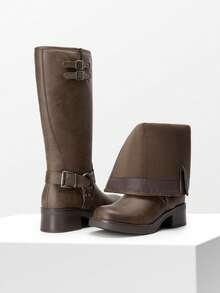 Women's Square Toe Motorcycle Boots Side Zipper Knee High Boots Chunky Low Heel Buckle Decorated Fashion Casual Riding Boots Festival Woman Shoes - 棕色 - 查看 6