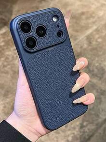 时尚荔枝纹皮革纹理大窗口手机壳，兼容 17 Pro Max、17 Pro、16 Pro Max、15、14 Pro、13、12 Pro、17，摄像头保护，磨砂软边防摔保护套 - 深藍色 - 查看 1