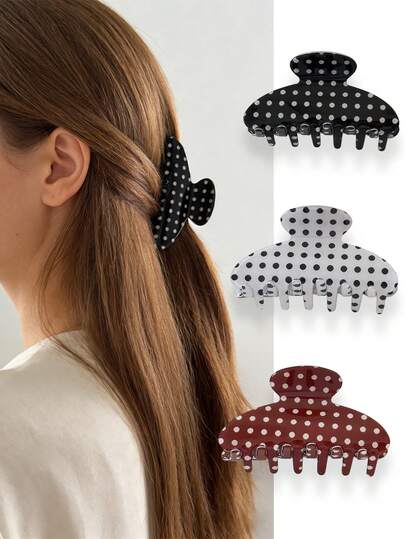 3pcs Women Elegant Polka Dot Acrylic Half-Circle Hair Clips, Suitable For Ponytail, Hairstyle Fixing, Black, White, Red, Suitable For Daily, Party Styling, Classic Hair Accessories