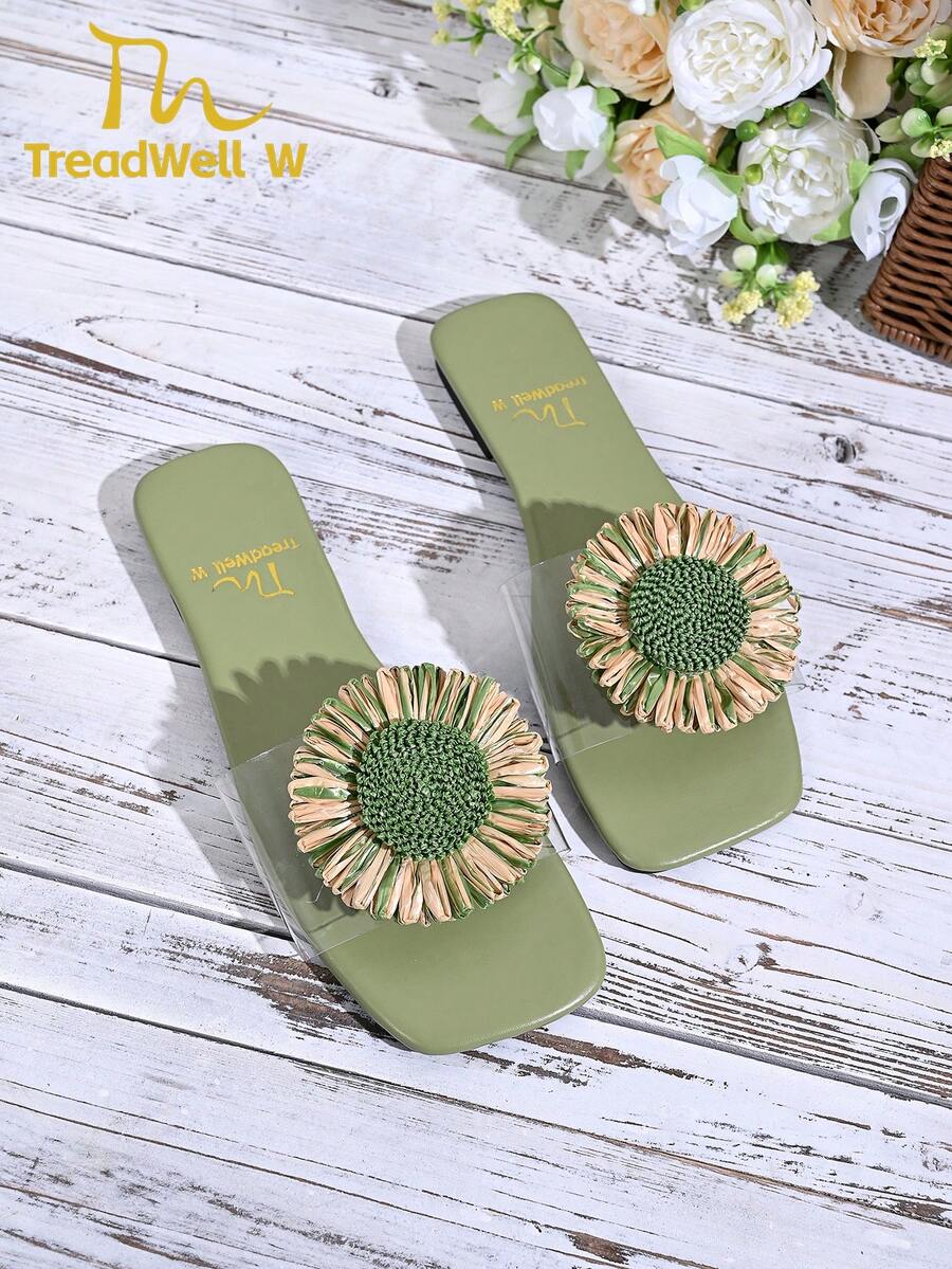 女士夏季新款花卉绿色向日葵雏菊时尚个性化平底凉鞋，露趾百搭女士春夏新款休闲拖鞋