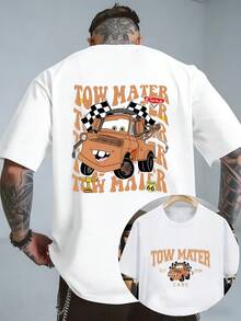 A Disney Men'S T-Shirt From The Cars Series Featuring Tow Mater Print, This Round-Neck Casual Tee Is Breathable And Lightweight, Perfect For Sports And Leisure Wear. It Has A Loose Fit, Making It Suitable For Gifting, Outings, And Parties - 白色 - 查看 1