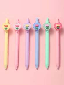 6pcs/Set Random Cartoon Tulip Ballpoint Pens, Built-In Black Ink, Soft Touch, Smooth Writing, Suitable For Diary, School And Office Supplies - Multicolor - View 4