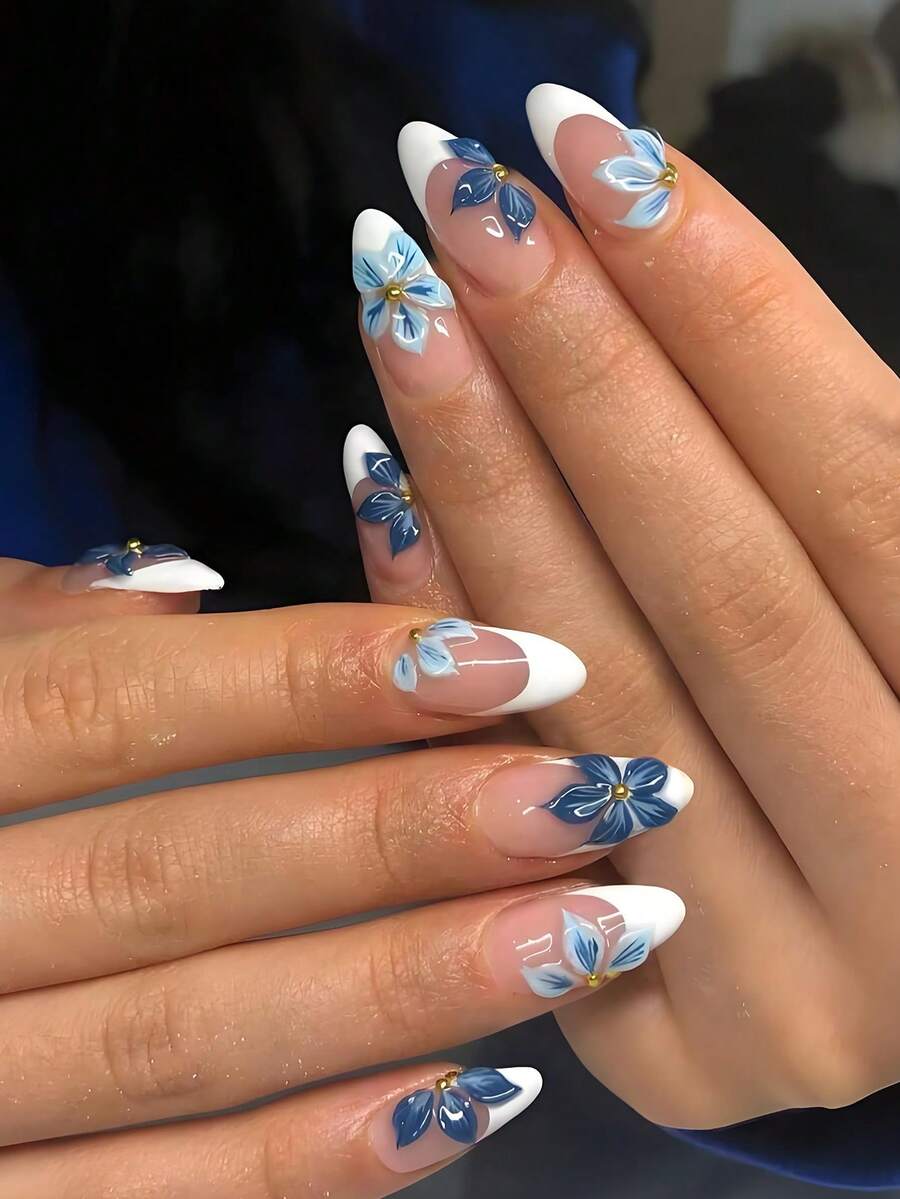 24 miếng dán móng tay hình hoa 3D hình hạnh nhân, màu trắng, kiểu Pháp, phù hợp với bộ móng acrylic, bao gồm 1 gel dẻo và 1 dũa móng, thích hợp cho mùa hè, tự làm cho phụ nữ và các cô gái dùng hàng ngày, đi làm, học tập và dự tiệc. - Màu xanh lam - Xem 1