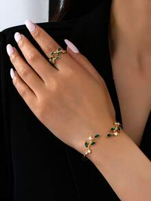 16K Gold Plated Minimalist Leaf Shaped Open Bangle & Ring Set - Multicolor - View 3