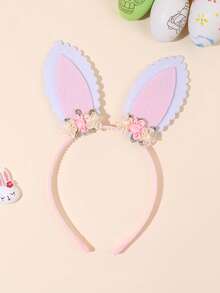 1pc Pink Flower Headband, Rabbit Ear Decor Hair Band, Cute Bunny Ear Hair Accessory, Girl's Party Gift, Suitable For Spring, Outdoor, Picnic - Pink - View 5