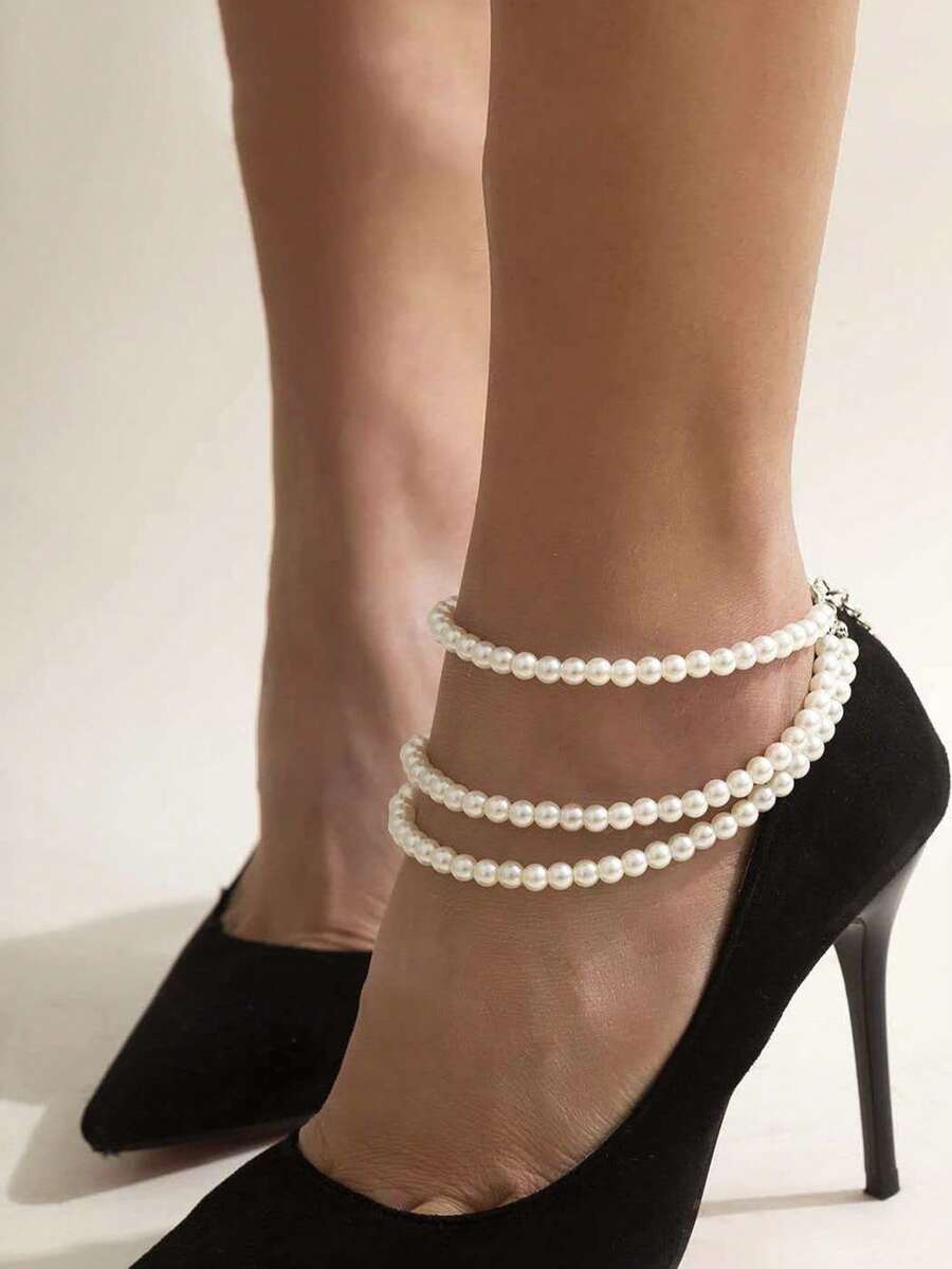 优雅性感仿珍珠串珠流苏鞋饰 女士派对风格几何脚背链鞋饰 - 白色 - 查看 1