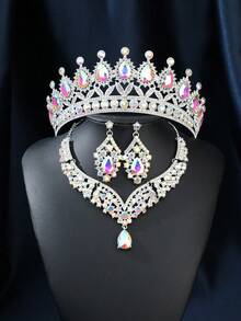 4pcs Luxurious & Elegant Rhinestone Queen Crystal Necklace, Earrings, Crown Bridal Wedding Headpiece Set For Women, Party & Gala - Multicolor - View 12