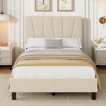 Base de Cama Plataforma con Cabecera Tapizada de Lino Ajustable, Soporte de Listones de Madera Resistentes, Sin Resorte de Caja Necesario y Montaje Fácil