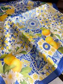 1pc French Citrus Lemon Print Lightweight Scarf, Women's Silk-Like Square Headscarf Shawl Beach, Street, Daily, Vacation, Decorative Ribbon - FG158-3 藍色 - 查看 5