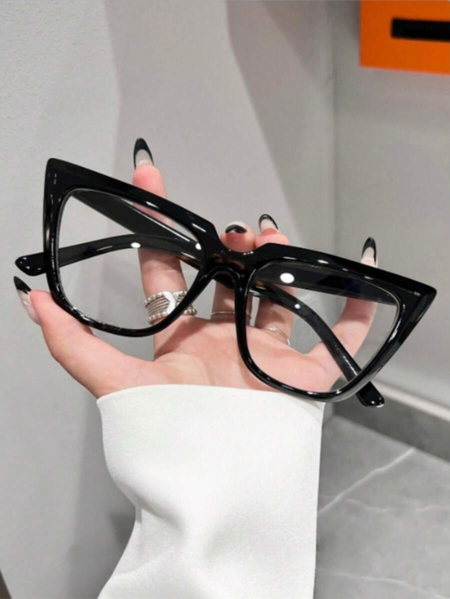 一副男女通用塑料框猫眼眼镜，适用于电脑、游戏、电视、智能手机，透明镜片 - 黑色 - 查看 1