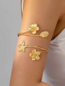 1件时尚海洋主题金属海星、贝壳和花朵吊坠手链，适合女性日常佩戴和海滩度假佩戴 - 金黃色 - 查看 7