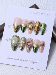 10件/套，手工制作杏仁形美甲贴片，Y2K绿色风格，3D手绘心形玫瑰花，镶嵌钻石钢珠链，手绘渐变钻石美甲装饰。包含1片果冻胶和1把指甲锉。完美适用于日常生活以及科切拉音乐节派对装扮，是美甲贴片和美甲护理产品的理想之选。手工制作美甲贴片。 - 墨綠色 - 查看 3
