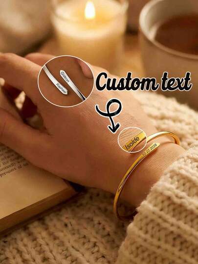 Customized Stainless Steel Bracelet, Personalized Engraved Gold-Tone Adjustable Open Bangle, Fashion Jewelry Gift With Customized Name, Anniversary, Important Date, Minimalist Classic, Ideal Gift For Girlfriend, Wife, Best Friend, Mother, Birthday, Anniversary, Holiday