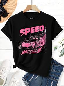 Slick Speed Racing Car Graphic T-Shirt For Women Pink And Black Design With Gradius Arque League Print Unisex Streetwear Fashion TopBoth Men And Women Can Wear It, And It Is Suitable For Christmas Partysports Activityholiday Partyoutingsports And Other Holiday Gifts (220g). - Black - View 2