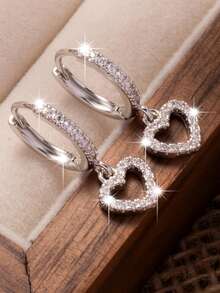 1 Pair Shiny Heart-Shaped Zirconia Encrusted Hoop Earrings, Delicate Heart Pendant Jewelry Gift For Women - Heart-shaped - View 3